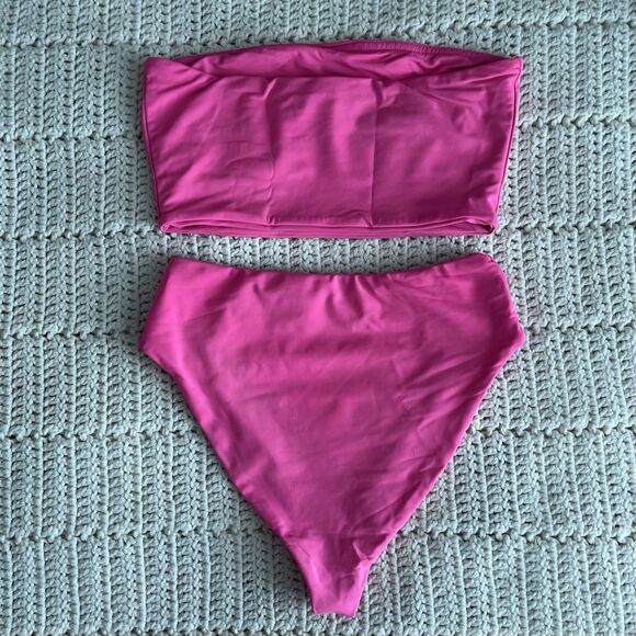 Fashion Nova Hot Neon Pink High-Waisted Bikini and Tube Top Swimsuit Set Size M - Picture 5 of 6